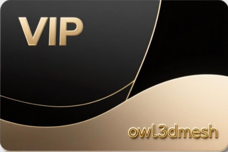 VIP card with gold 'VIP' text and 'owl3dmesh' branding on a black and gold background