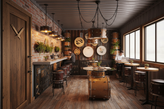 Drum-Themed Coffee Workspace Interior