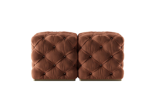 Luxury Diamond-Tufted Ottoman Pair 3D Model - Brown Velvet with Metal Studs & Light Gold Base