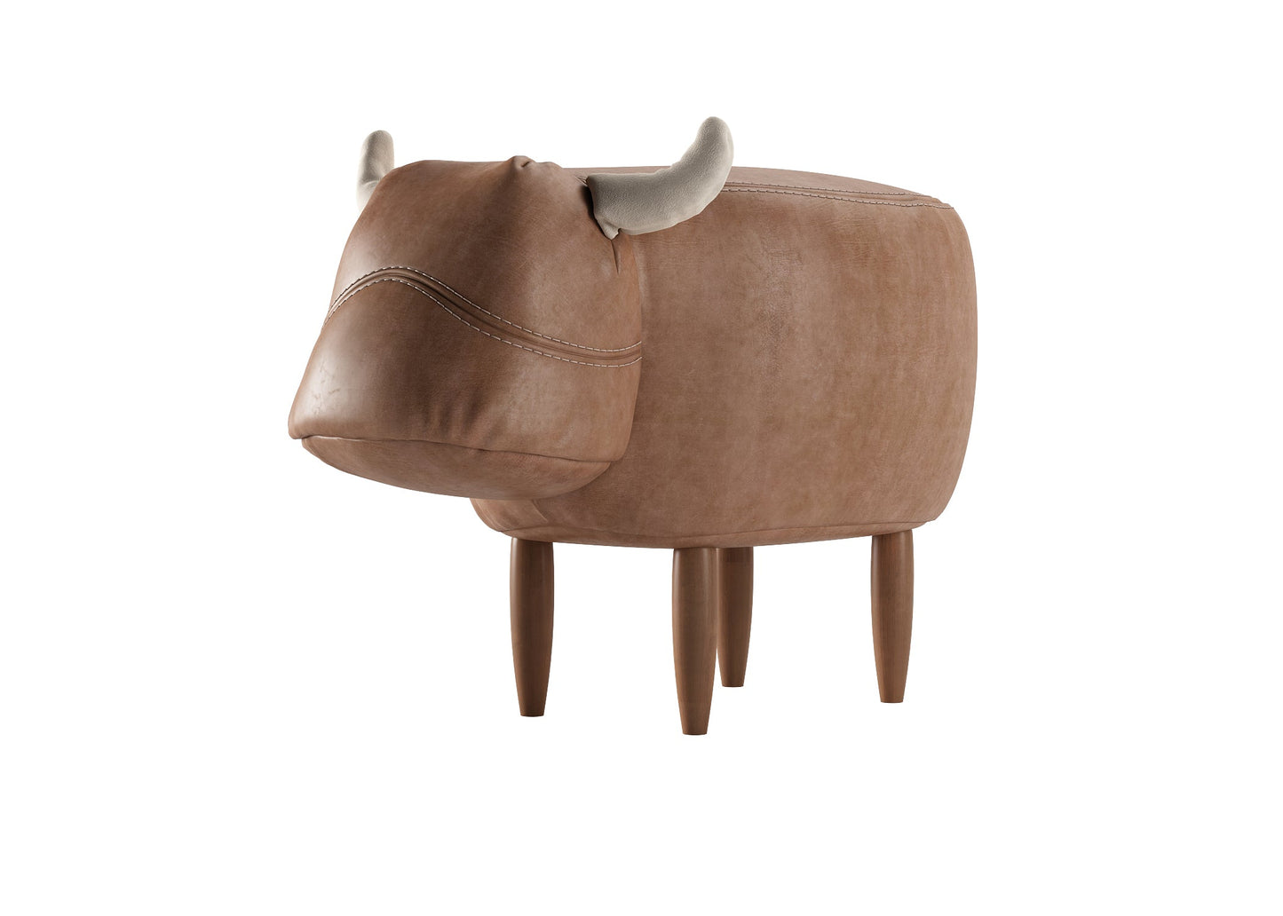 Brown Leather Cow Horn Stool with Wooden Legs 3D Model - Rustic Farmhouse Kids Room Decor chair