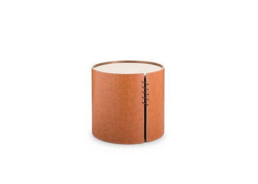 Brown Two-Tone Leather Cylinder Side Table 3D Model - Exposed Rivet Detail Wabi-Sabi Storage Solution