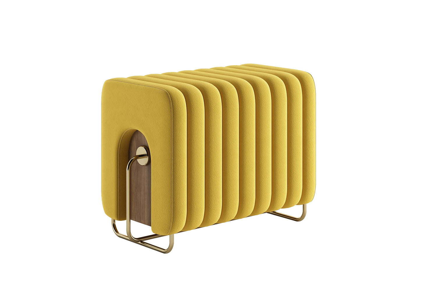 Modern Yellow Ribbed Ottoman with Rotating Wood-Metal Hybrid Storage Panel chair
