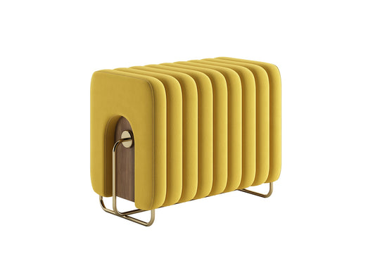 Modern Yellow Ribbed Ottoman with Rotating Wood-Metal Hybrid Storage Panel