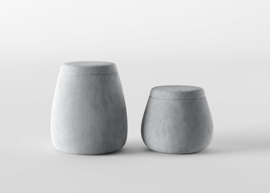 Minimalist Cement-Grey Barrel Stools in Dual Sizes for Modular Arrangements