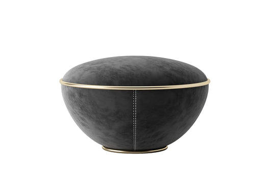 Bowl-Shaped Ottoman with Gray Textured Fabric and Gold Accent Trim