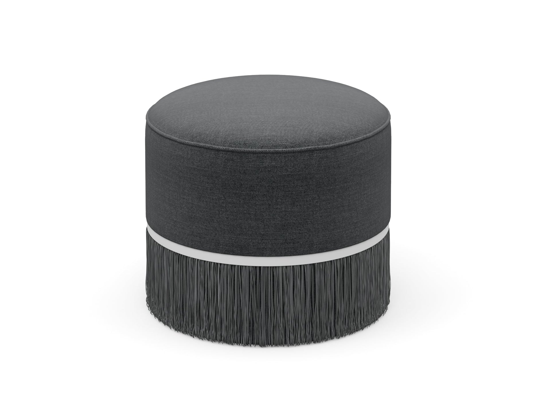 Gray Cylindrical Pouf with White Trim and Decorative Tassel Skirt chair