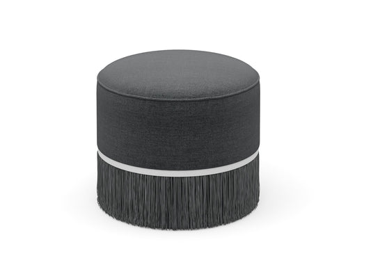 Gray Cylindrical Pouf with White Trim and Decorative Tassel Skirt chair