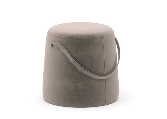 Taupe Round Ottoman with Leather Carry Handle and Minimalist Design