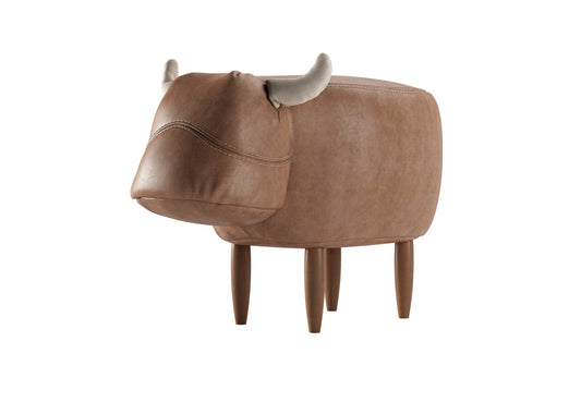 Ox-Inspired Leather Stool with Carved Wooden Horns and Tapered Legs