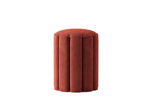 Burgundy Cylindrical Velvet Ottoman with Vertical Pleating and Plush Texture
