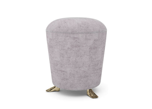 Drum-Shaped Velvet Stool with Sculptural Gold Hand Supports and Plush Texture
