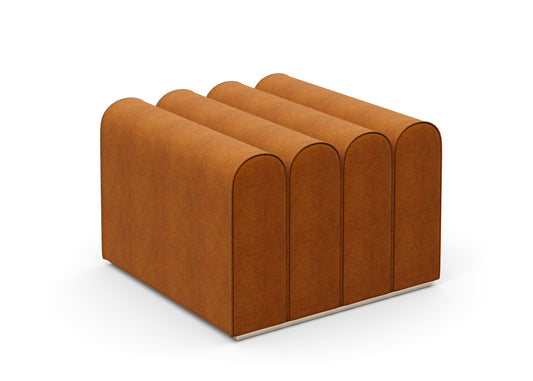 Orange Ribbed Leather Bench with Wave-Form Top and Slim Metallic Frame