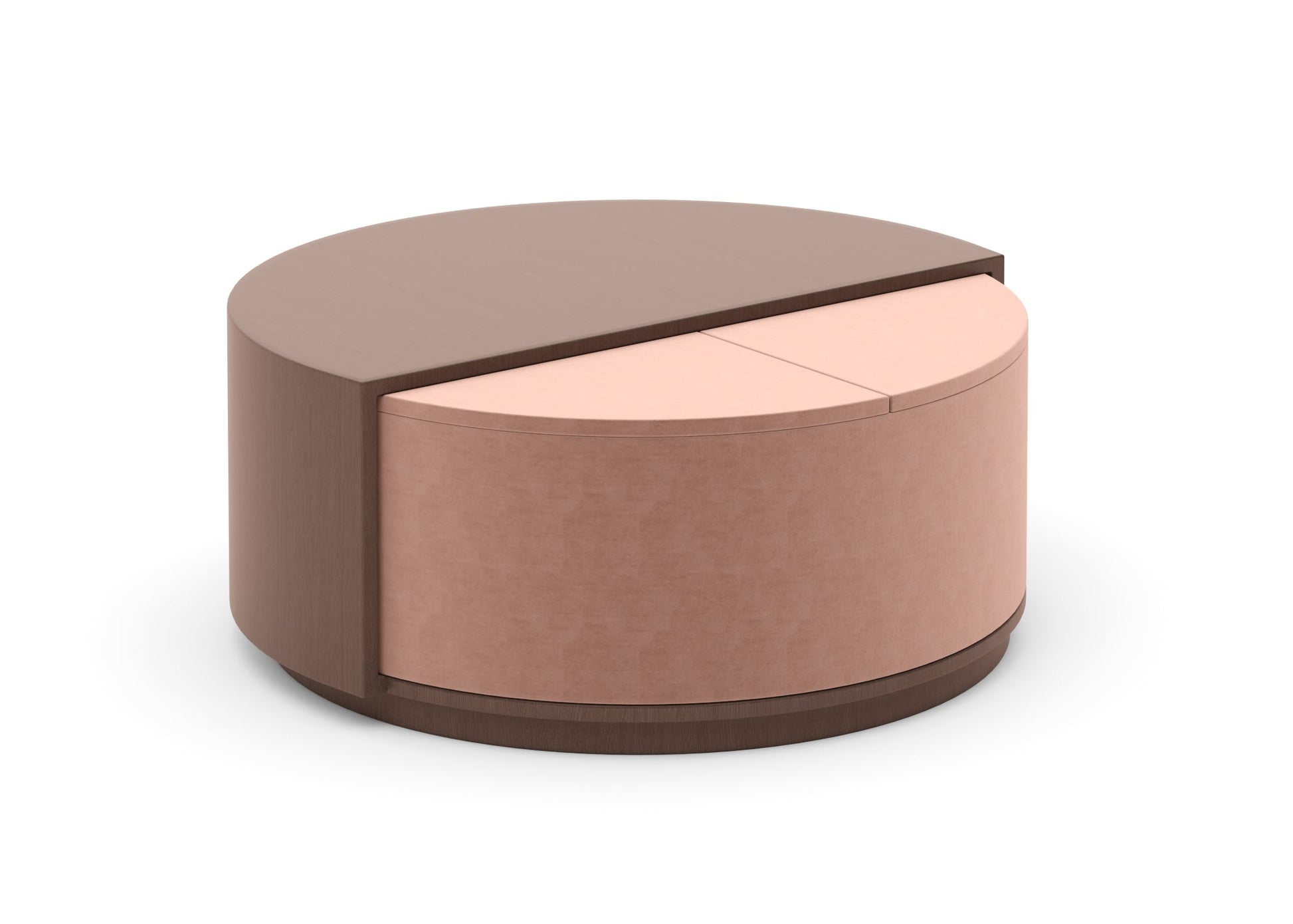 Two-Tone Round Storage Ottoman with Walnut Lid and Pink Fabric Base chair