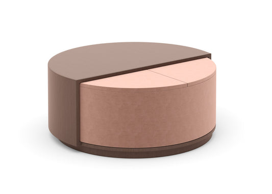 Two-Tone Round Storage Ottoman with Walnut Lid and Pink Fabric Base