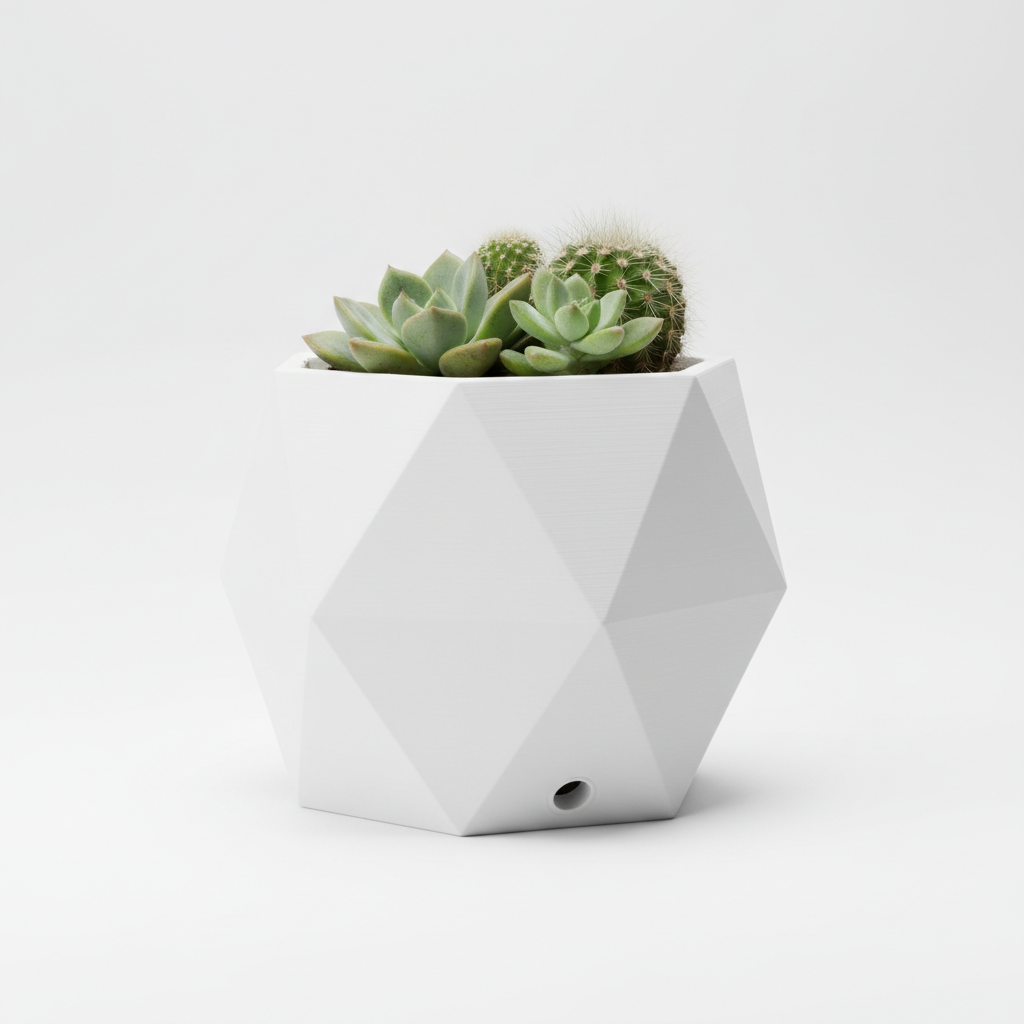 3D printed geometric mini planter with modern polygonal design in white PLA material