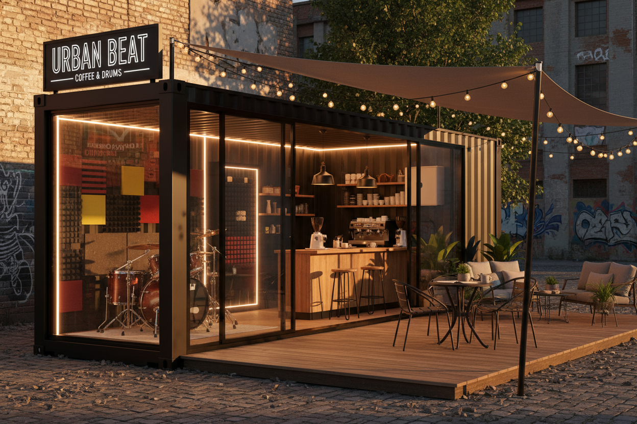 Drum Studio and Coffee Workspace Container exterior view