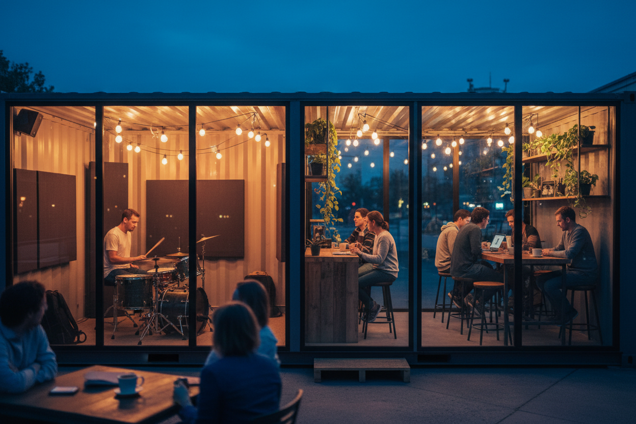 Drum studio and coffee workspace in action with customers