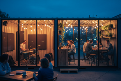 Drum studio and coffee workspace in action with customers