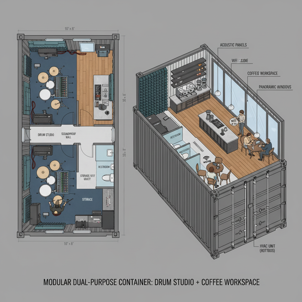 Container floor plan showing drum studio and coffee workspace layout