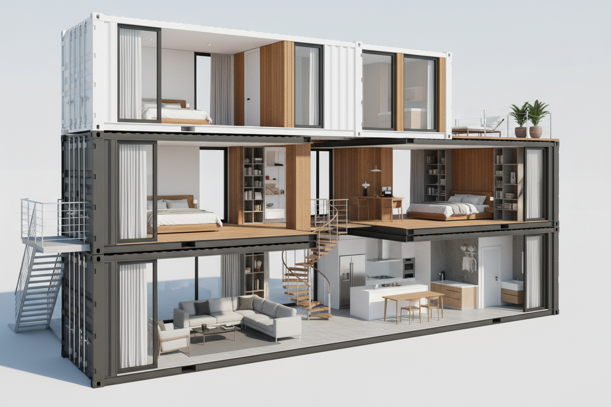 Two-Story Container House 3D Rendering